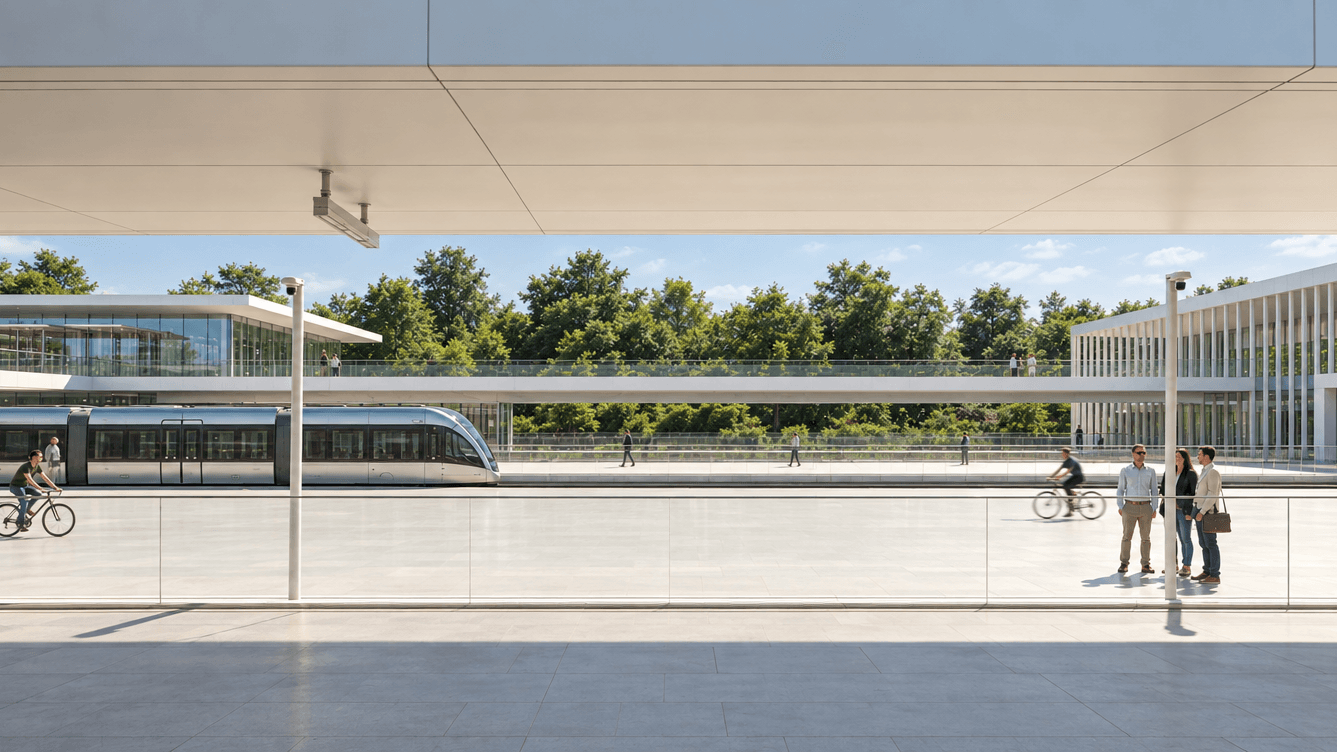 Modern transit plaza with a tram, cyclists, and pedestrians